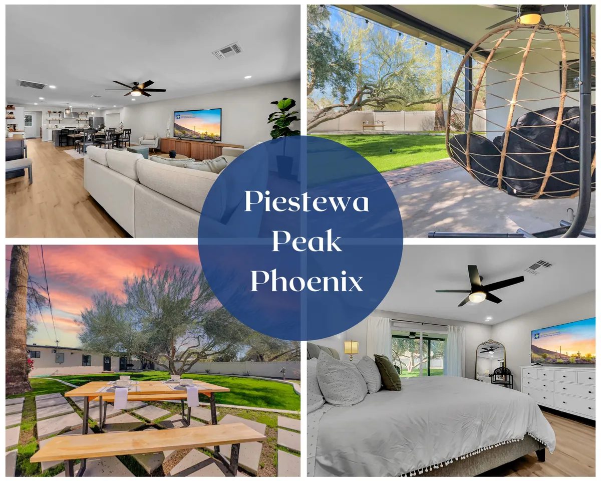 The hero image showcases a sunlit, spacious living room with inviting seating, a dining area offering views of the outdoors, and a relaxing outdoor swing chair visible through large windows. Cozy bedrooms with plush linens hint at restful nights, while the backyard beckons with space for al fresco dining and sunset views.